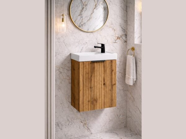 Cloakroom vanity unit wall hung 400mm oak bathroom cabinet fluted ribbed door with sink