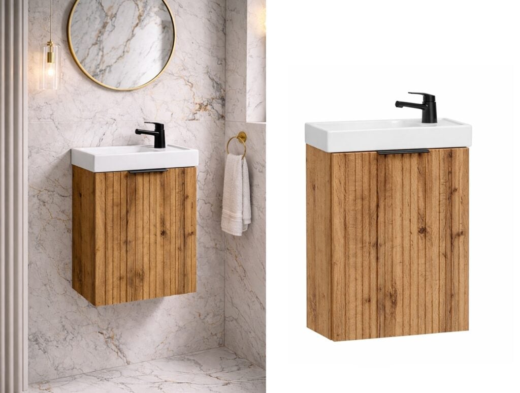 Vanity Unit with Small Sink Slimline Wash Basin Compact Cloakroom Oak Cabinet Ribbed 400mm Wall Mounted - Adel