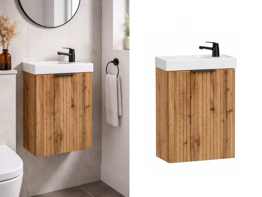 Vanity Unit with Small Sink Slimline Wash Basin Compact Cloakroom Oak Cabinet Ribbed 400mm Wall Mounted - Adel
