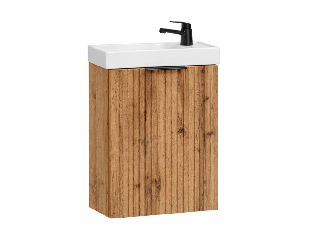 Cloakroom Vanity Unit with Small Sink Wash Basin Slimline Fluted Ribbed Oak  400mm Wall Hung Cabinet - Adel