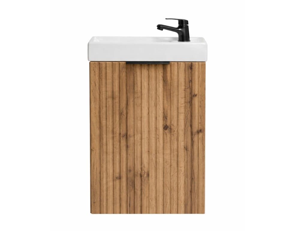 Cloakroom Vanity Unit with Small Sink Wash Basin Slimline Fluted Ribbed Oak  400mm Wall Hung Cabinet - Adel