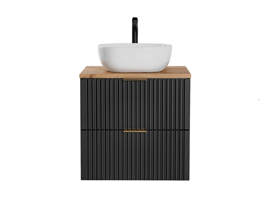 Black Bathroom Vanity Unit with Sink Oak Countertop Basin 600mm Fluted Wall Hung Floating Drawers - Adel
