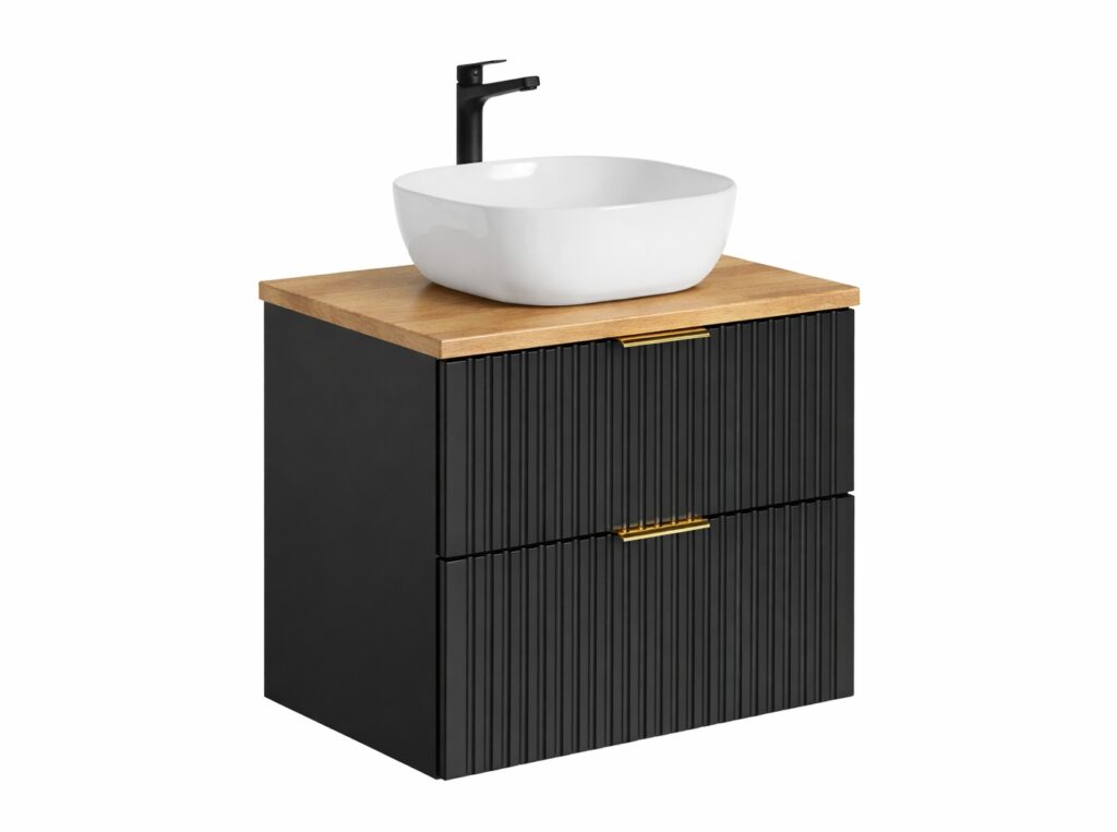 Black Bathroom Vanity Unit with Sink Oak Countertop Basin 600mm Fluted Wall Hung Floating Drawers - Adel