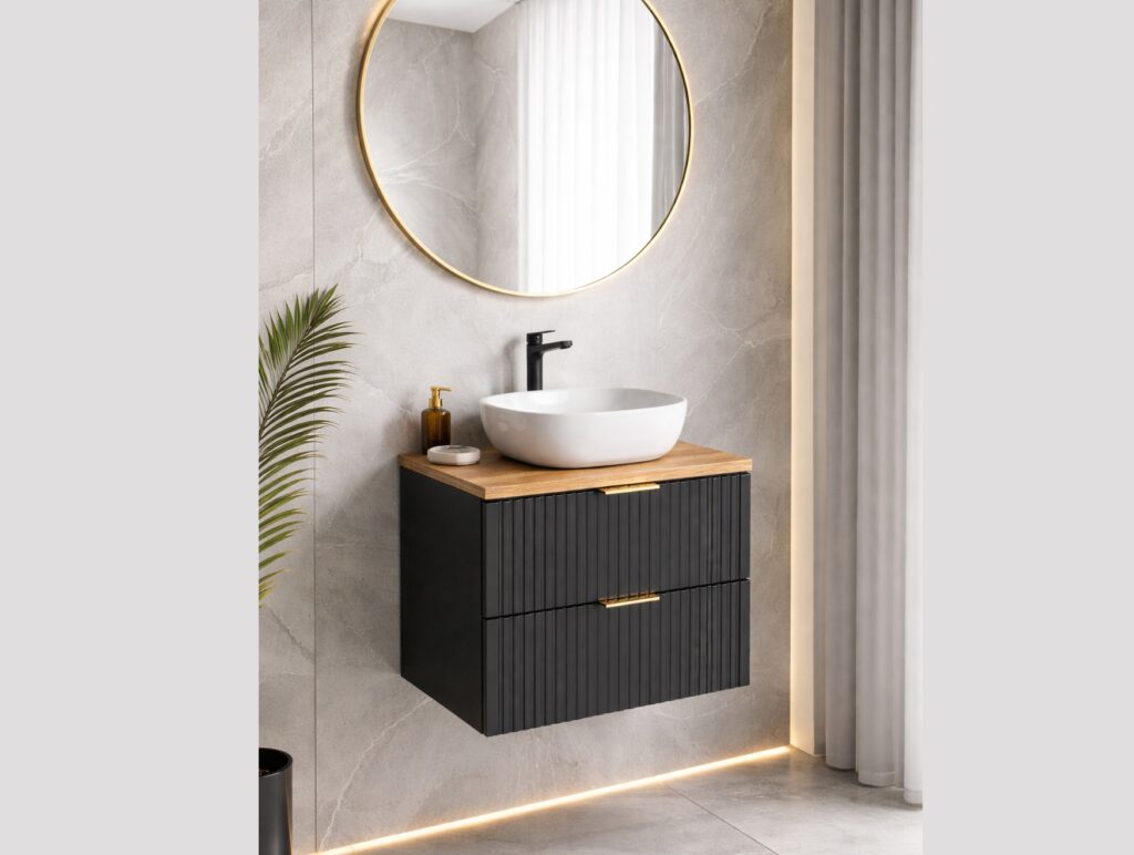 Black Bathroom Vanity Unit Oak Countertop 600mm Ribbed Fluted Wall Hung Floating Cabinet - Adel