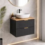 600mm bathroom vanity unit black wall hung fluted ribbed cabinet with sink and oak worktop