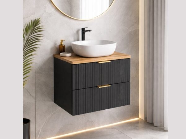 600mm bathroom vanity unit black wall hung fluted ribbed cabinet with sink and oak worktop