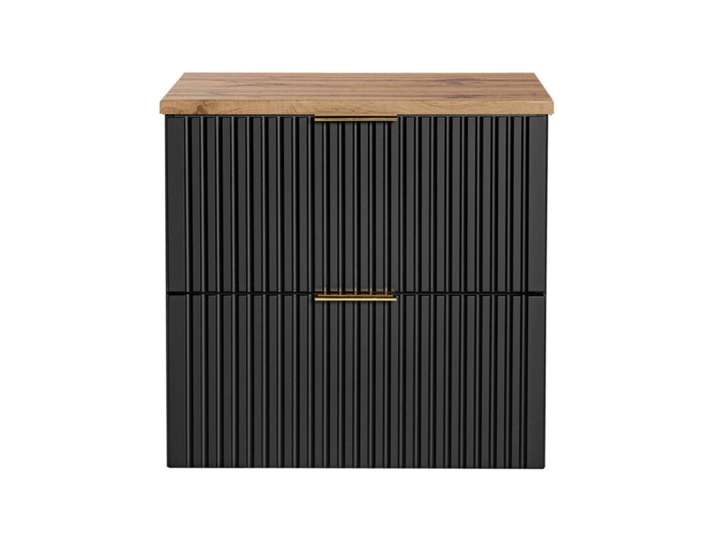 Black Bathroom Vanity Unit Oak Countertop 600mm Ribbed Fluted Wall Hung Floating Cabinet - Adel