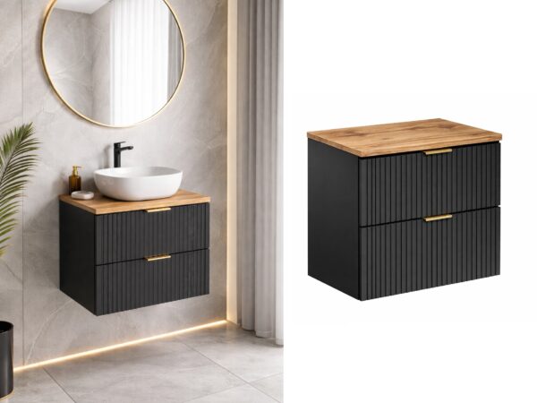 600mm bathroom vanity unit black wall hung fluted ribbed cabinet oak worktop
