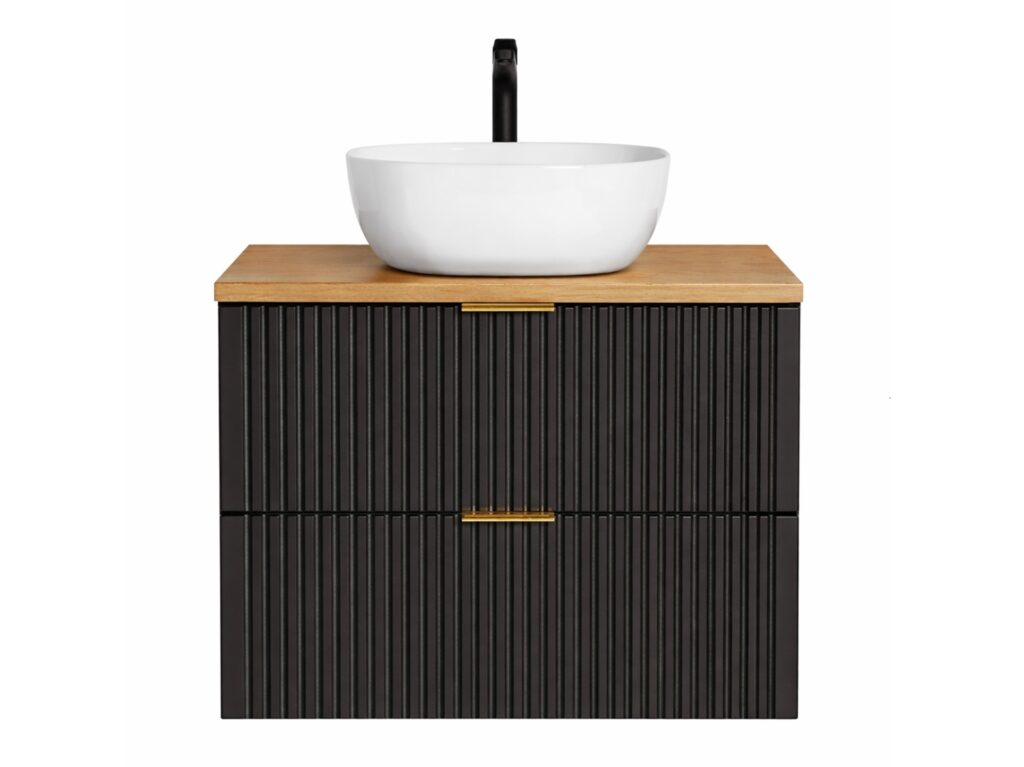 Black Bathroom Vanity Unit Oak Countertop with Basin 800mm Ribbed Fluted Wall Hung Floating Cabinet - Adel