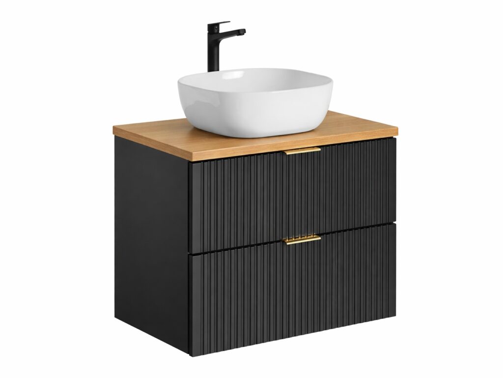 Black Bathroom Vanity Unit Oak Countertop with Basin 800mm Ribbed Fluted Wall Hung Floating Cabinet - Adel