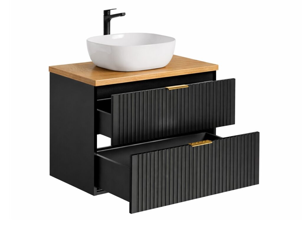 Black Bathroom Vanity Unit Oak Countertop with Basin 800mm Ribbed Fluted Wall Hung Floating Cabinet - Adel