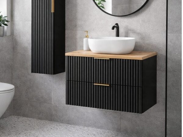 black vanity unit 800mm bathroom cabinet with sink basin oak worktop and drawers fluted ribbed