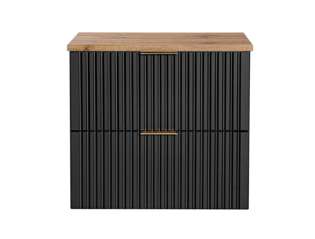 Black Bathroom Vanity Unit Oak Countertop with Basin 800mm Ribbed Fluted Wall Hung Floating Cabinet - Adel