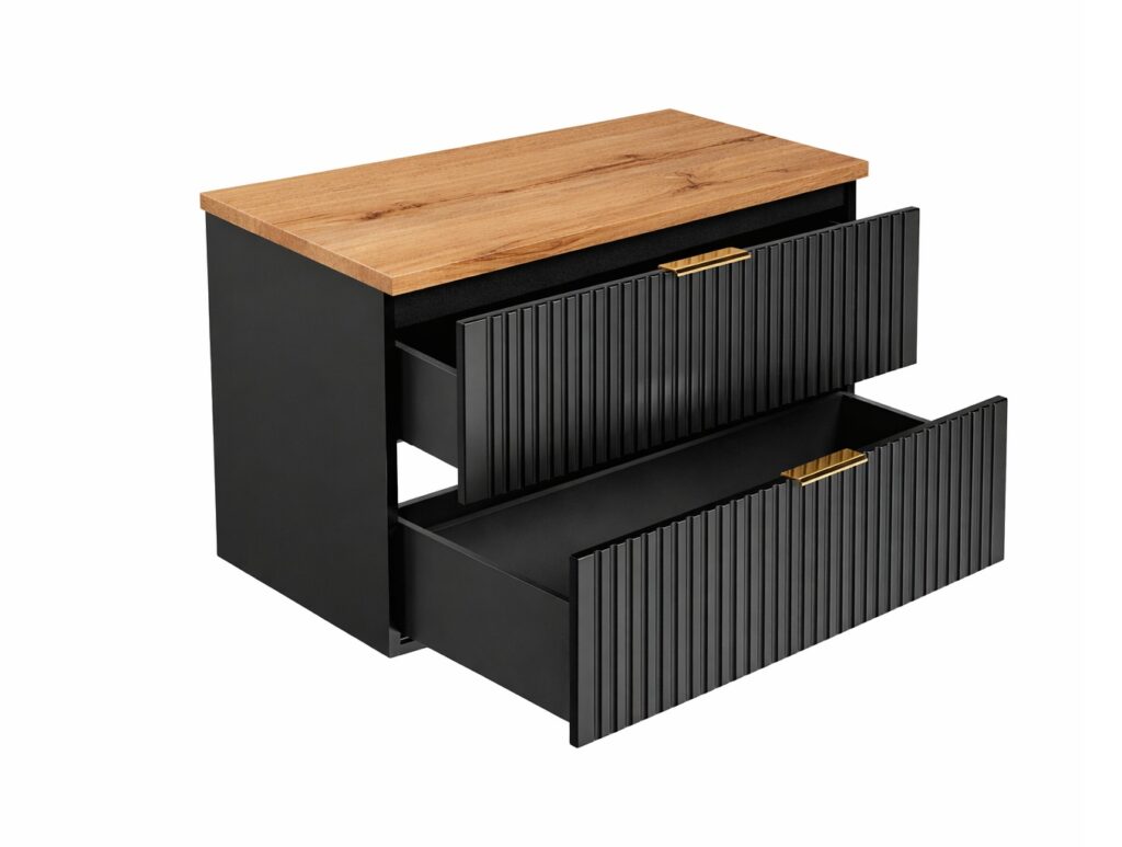 Black Bathroom Vanity Unit Oak Countertop with Basin 800mm Ribbed Fluted Wall Hung Floating Cabinet - Adel