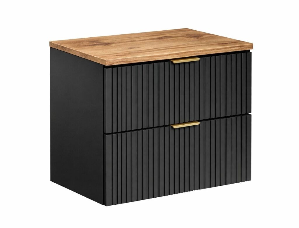 Black Bathroom Vanity Unit Oak Countertop with Basin 800mm Ribbed Fluted Wall Hung Floating Cabinet - Adel