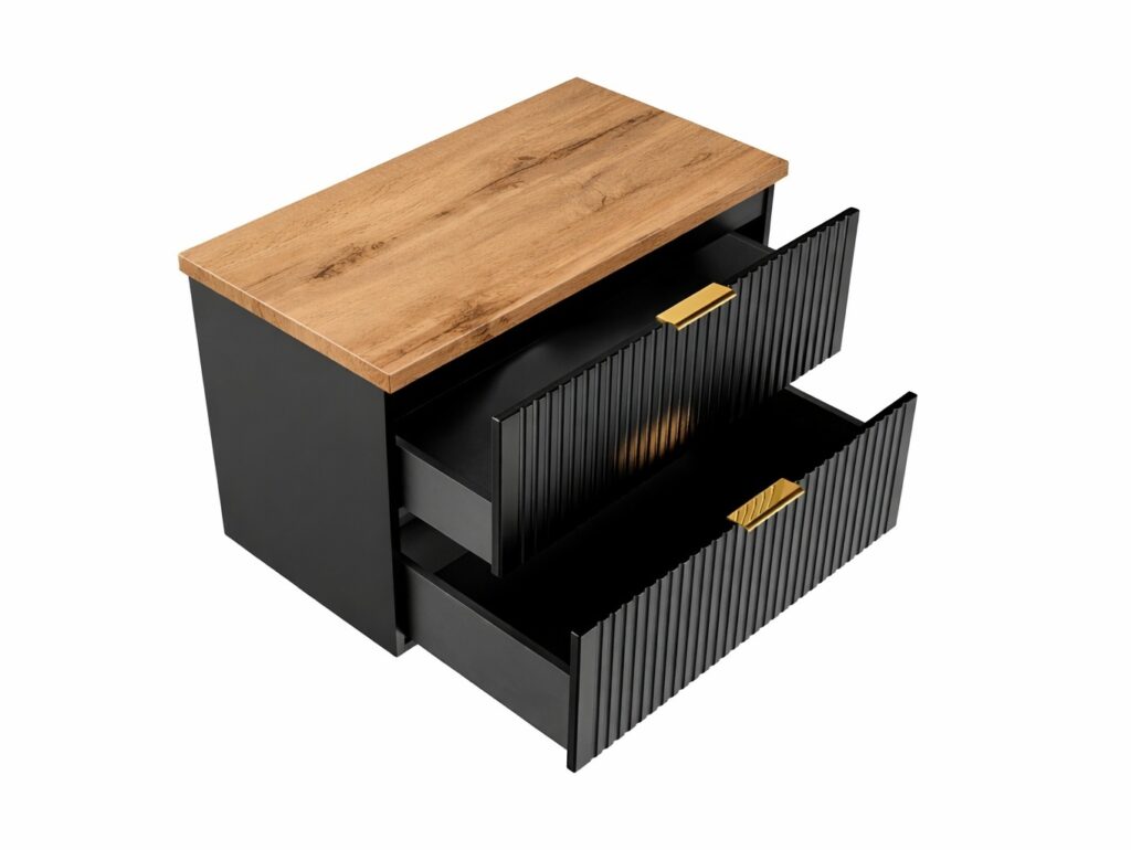Black Bathroom Vanity Unit Oak Countertop with Basin 800mm Ribbed Fluted Wall Hung Floating Cabinet - Adel