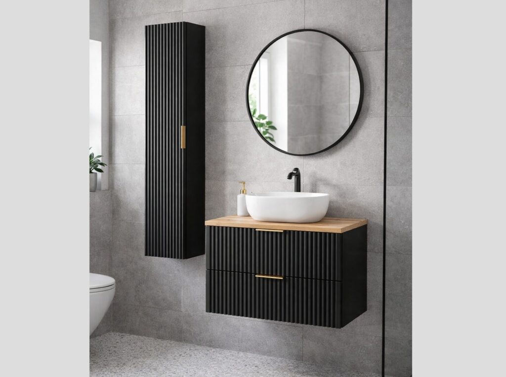 Black Bathroom Vanity Unit Oak Countertop with Basin 800mm Ribbed Fluted Wall Hung Floating Cabinet - Adel