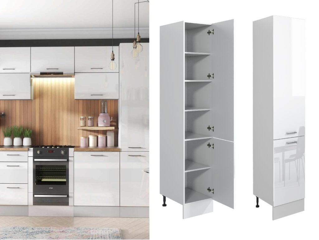 Kitchen Larder Cupboard Slim Narrow Free Standing 400mm Storage Pantry Unit Light White Gloss Cabinet - Ella