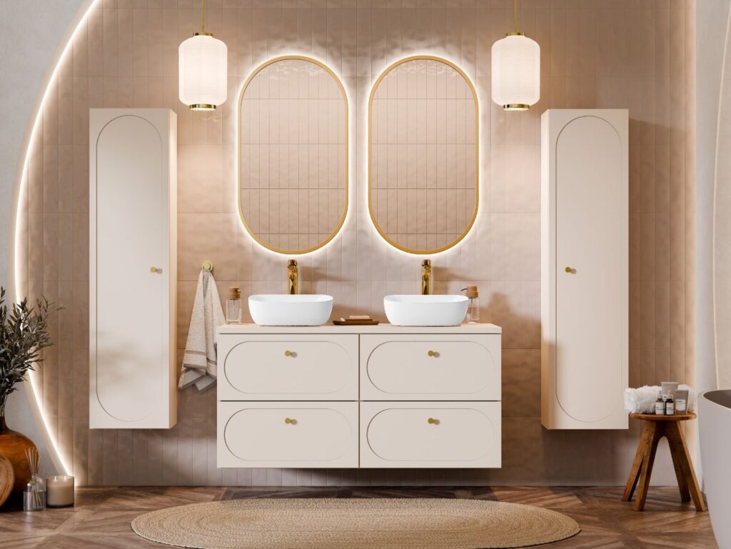 Double Vanity Unit with Basins Beige Wall Hung Bathroom Sink Cabinet 120cm Countertop Drawer - Donna