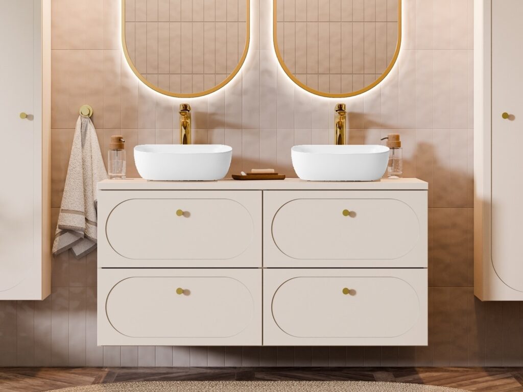 Double Vanity Unit with Basins Beige Wall Hung Bathroom Sink Cabinet 120cm Countertop Drawer - Donna