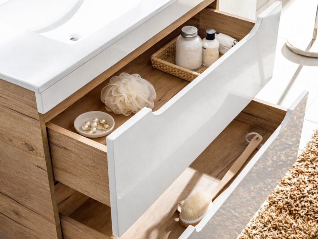 Wall Hung Vanity Unit 800mm Sink Bathroom Cabinet with Drawers Storage Oak White Gloss - Aruba