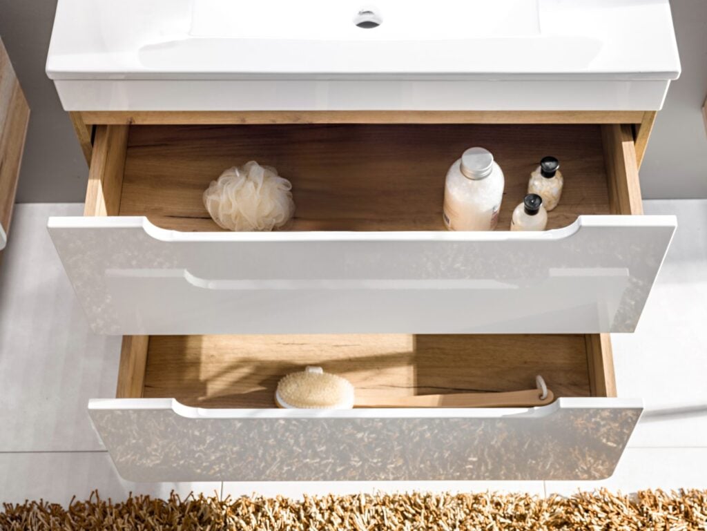 Wall Hung Vanity Unit 800mm Sink Bathroom Cabinet with Drawers Storage Oak White Gloss - Aruba