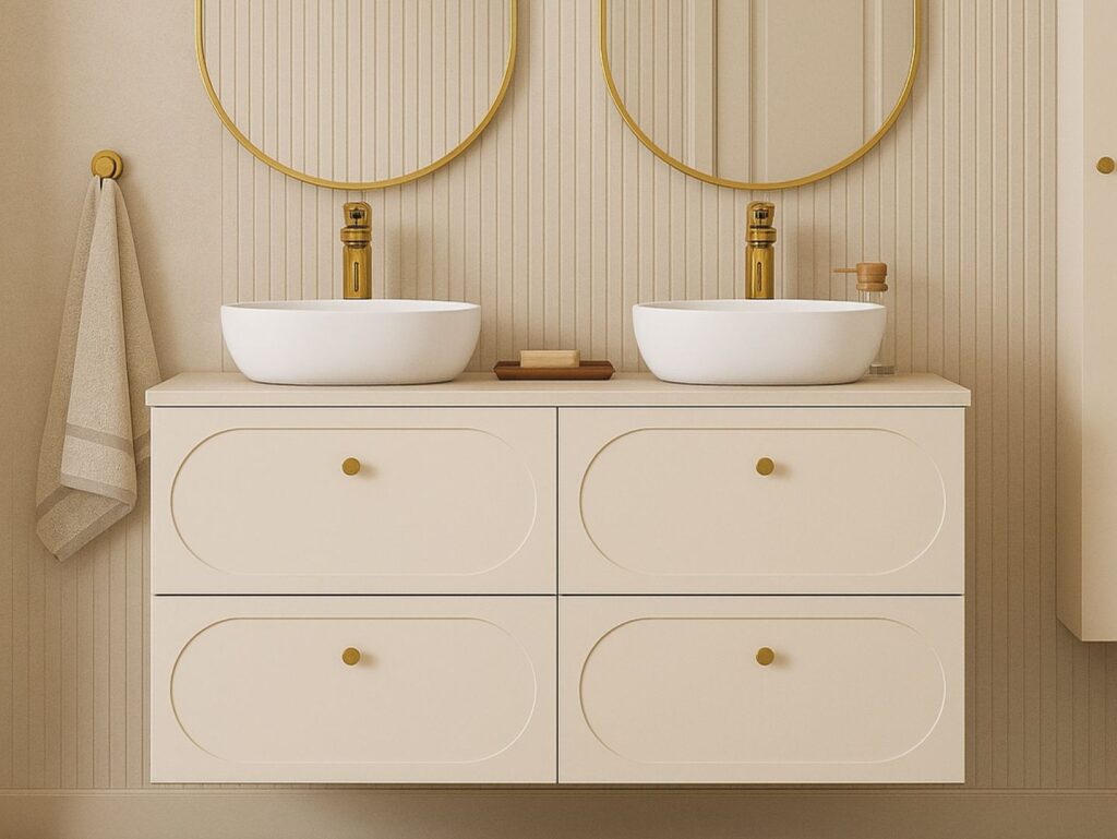 Double Vanity Unit with Basins Beige Wall Hung Bathroom Sink Cabinet 120cm Countertop Drawer - Donna
