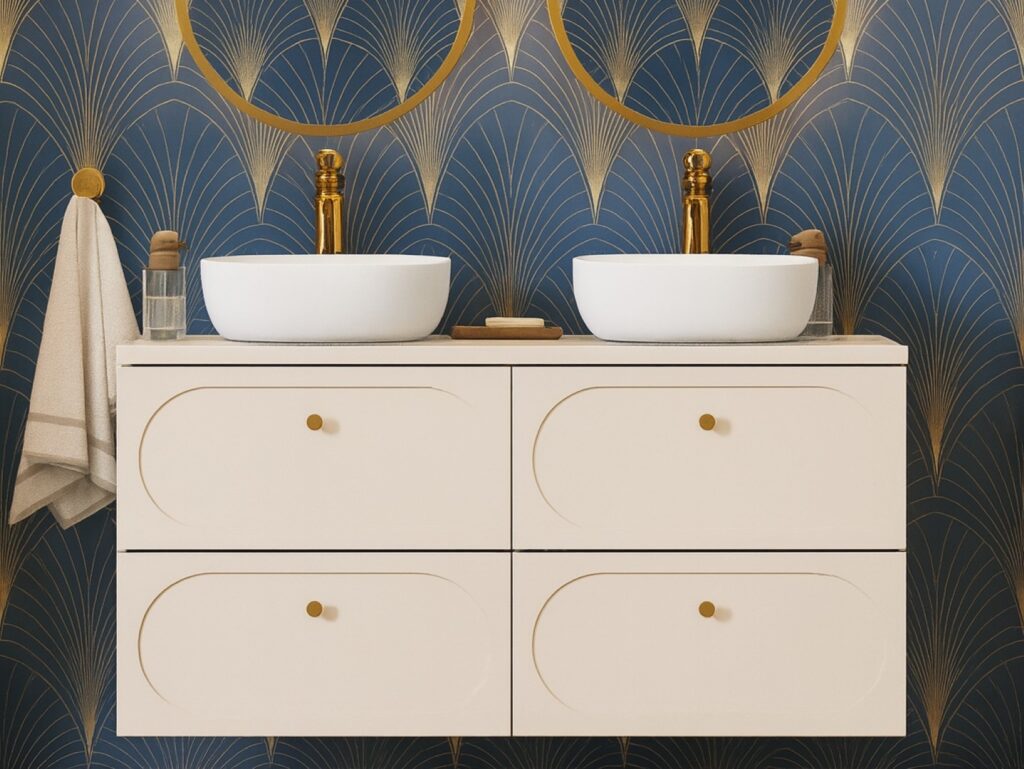 Double Vanity Unit with Basins Beige Wall Hung Bathroom Sink Cabinet 120cm Countertop Drawer - Donna