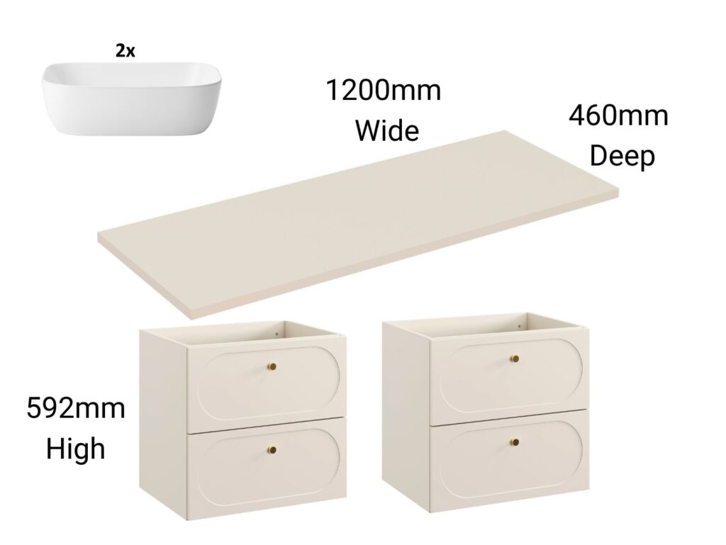 Double Vanity Unit with Basins Beige Wall Hung Bathroom Sink Cabinet 120cm Countertop Drawer - Donna