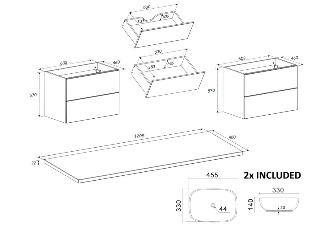 Double Vanity Unit with Basins Beige Wall Hung Bathroom Sink Cabinet 120cm Countertop Drawer - Donna