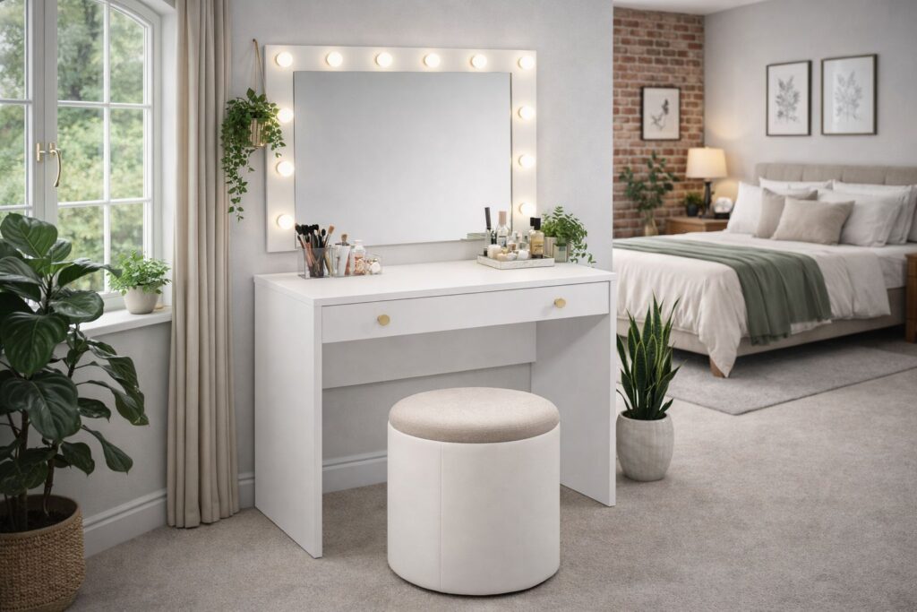 Small White Dressing Table with Drawer Storage 90cm Slim Vanity Unit Gold Handles - Rel