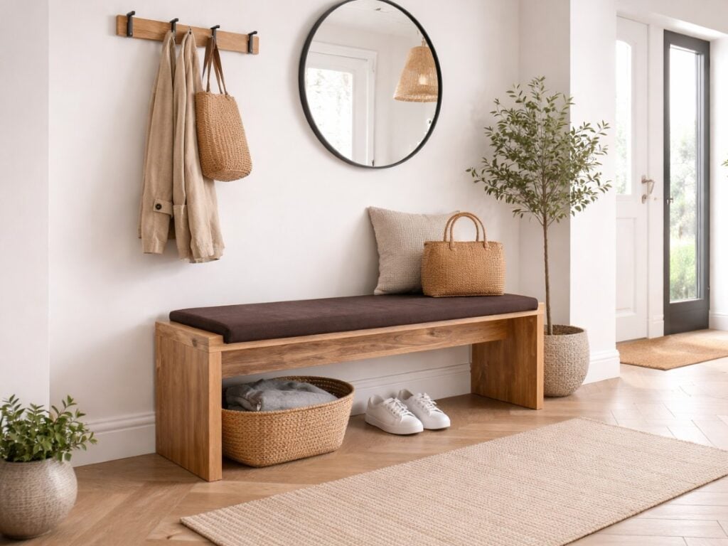 Bench with Brown Cushion Upholstered 126cm Dining Room Hallway Seating Medium Oak Effect - Gent