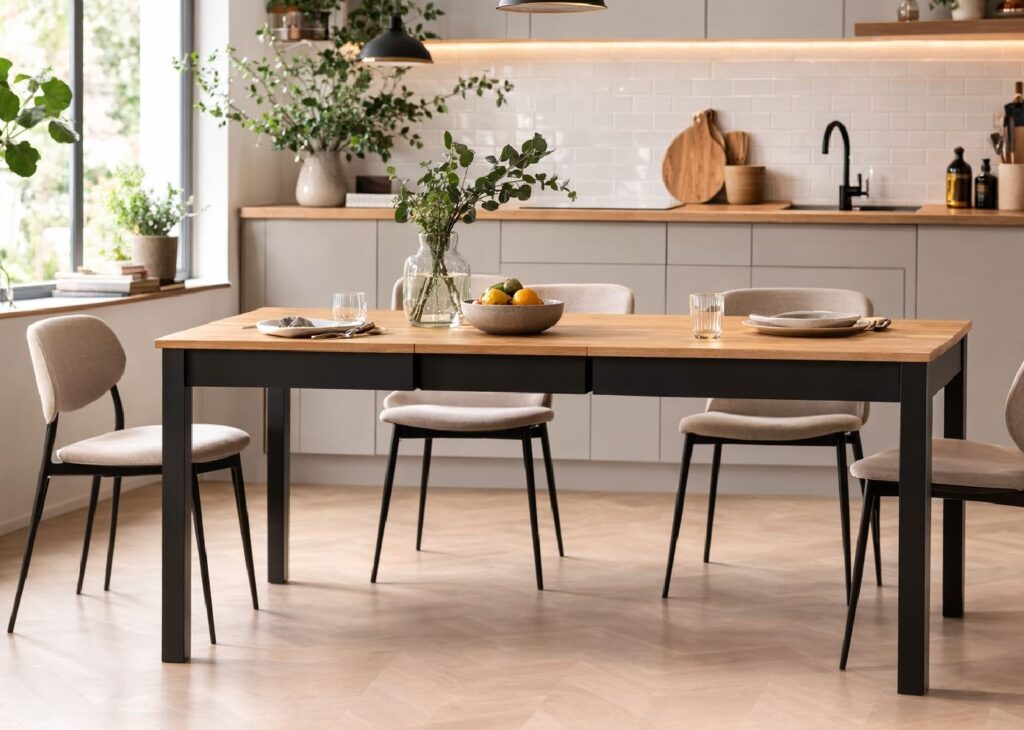Narrow Dining Table Extendable Slim Black and Oak Small Kitchen 2 4 6 8 Seater – Orion