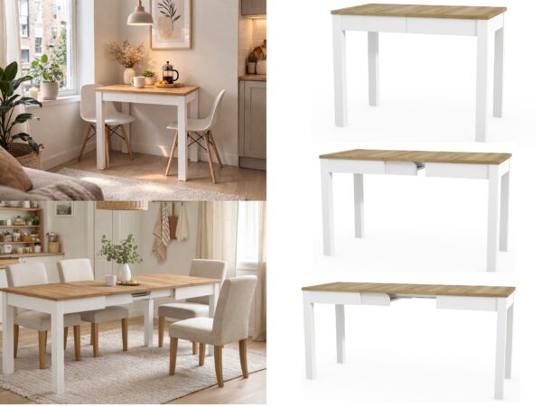 Slim dining table narrow kitchen table extendible 4 6 8 seater white and oak
