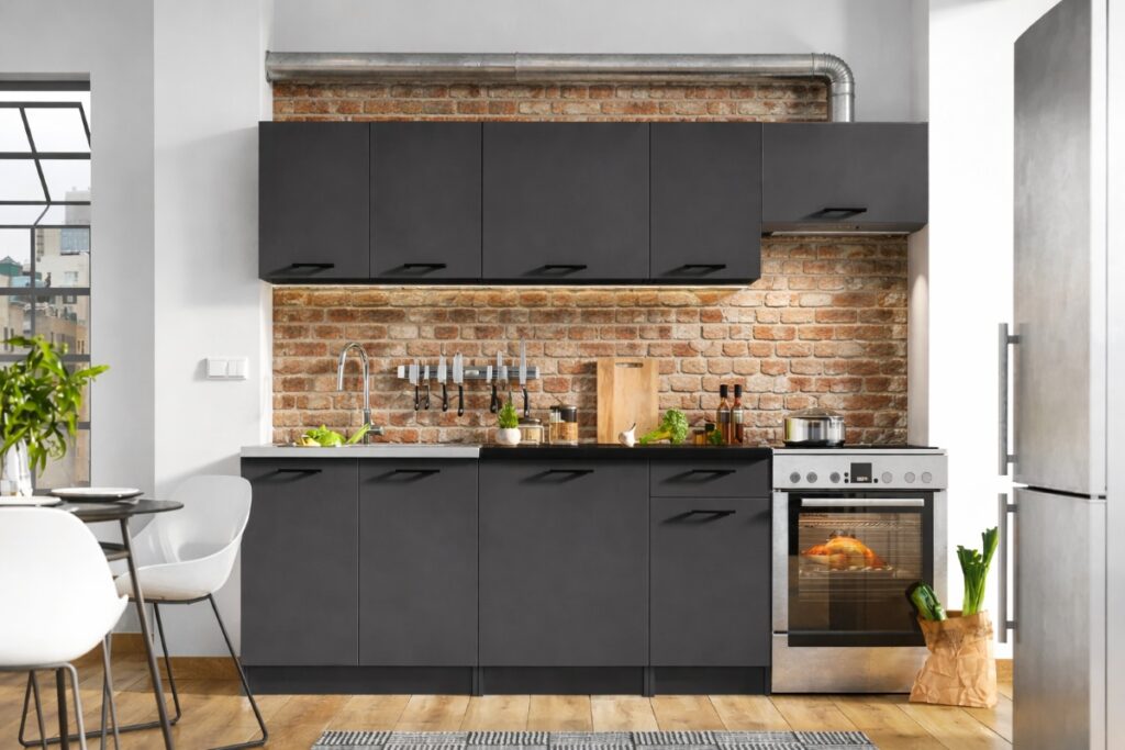Kitchen Cabinets 7 Unit Kitchenette Black Worktop Dark Grey Cupboards Complete Fitted 240cm Set - Lina