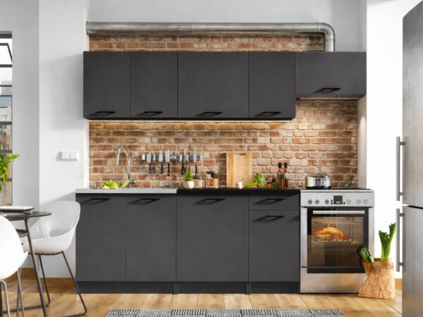 72cm Kitchen Cabinets 7 Unit Complete Kitchenette Black Grey 240cm Set - Lina 1