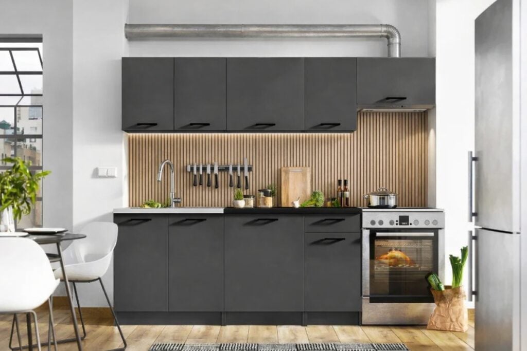 Kitchen Cabinets 7 Unit Kitchenette Black Worktop Dark Grey Cupboards Complete Fitted 240cm Set - Lina