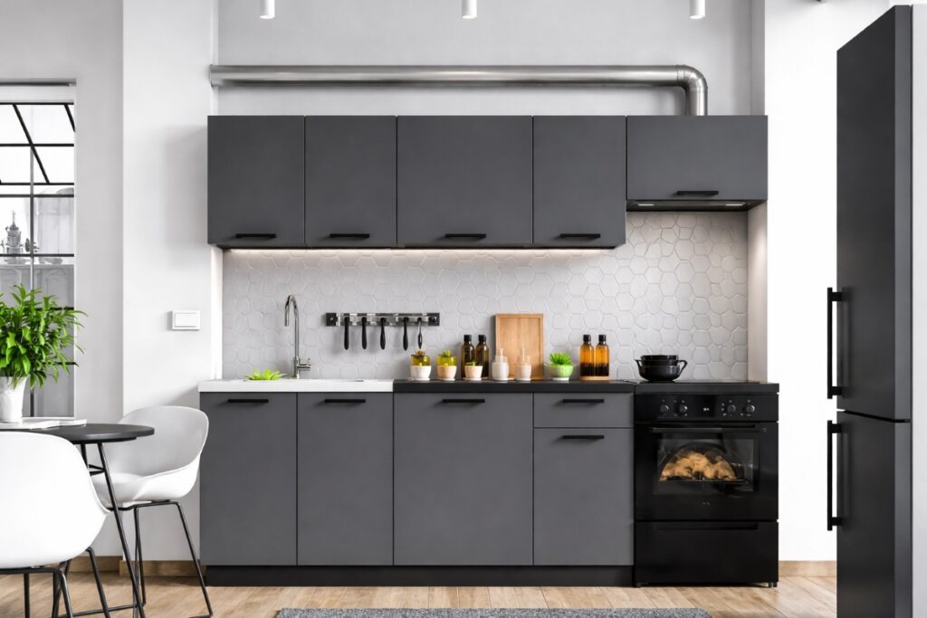 Kitchen Cabinets 7 Unit Kitchenette Black Worktop Dark Grey Cupboards Complete Fitted 240cm Set - Lina
