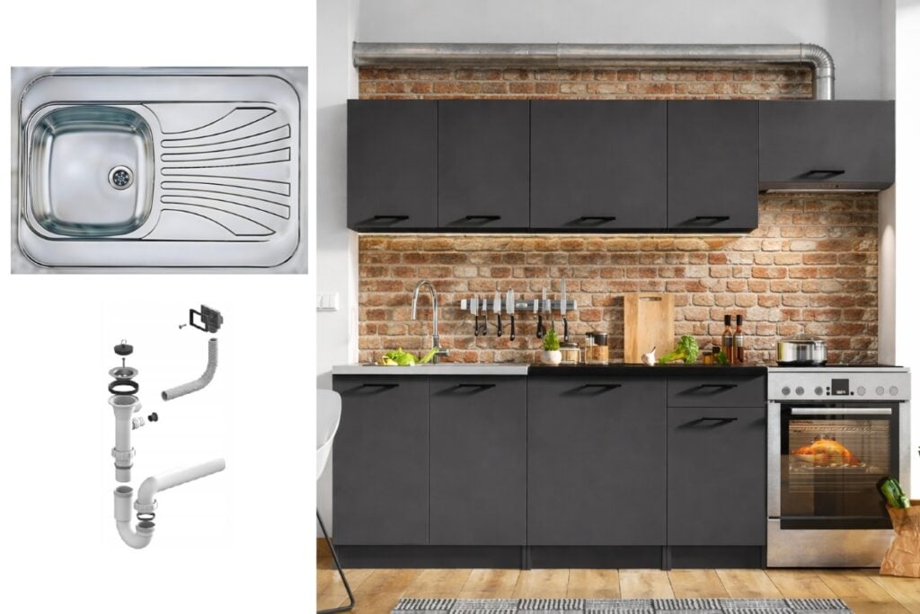 Kitchen Cabinets 7 Unit Kitchenette with Sink Black Worktop Dark Grey Cupboards Complete Fitted 240cm Set - Lina
