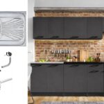 72cm Kitchen Cabinets 7 Unit Complete Kitchenette Black Grey 240cm Set + Sink - Lina