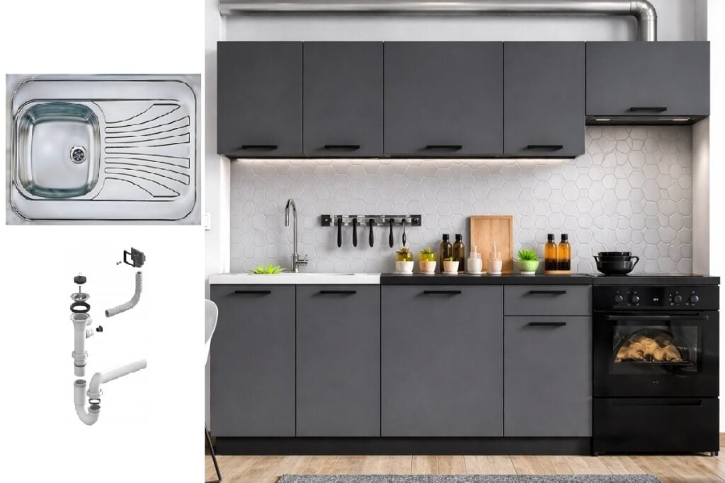 Kitchen Cabinets 7 Unit Fitted Kitchenette with Sink Dark Grey Cupboards Black Worktop Complete 240cm Set - Lina
