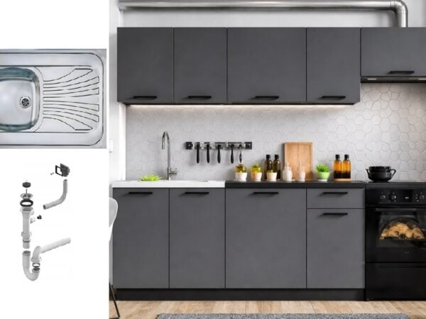 72cm Kitchen Cabinets 7 Unit Complete Kitchenette Black Grey 240cm Set + Sink Lina 2