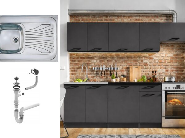 72cm Kitchen Cabinets 7 Unit Complete Kitchenette Black Grey 240cm Set + Sink - Lina