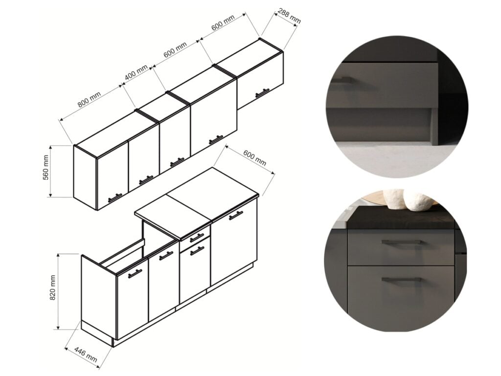 Kitchen Cabinets 7 Unit Kitchenette Black Worktop Dark Grey Cupboards Complete Fitted 240cm Set - Lina