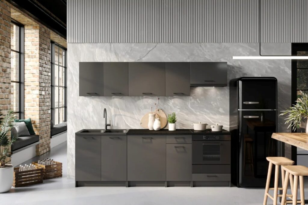 Kitchen Cabinets 8 Unit Fitted Kitchenette with Sink Dark Grey Cupboards Black Worktop Complete 240cm Set - Lina