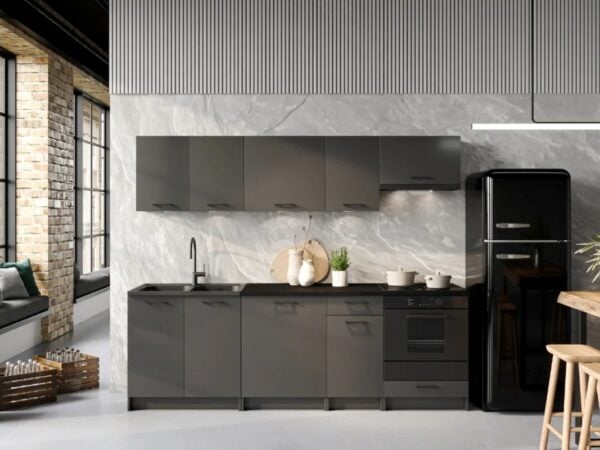 72cm Kitchen Cabinets 8 Unit Complete Kitchenette Black Grey 240cm Set - Lina 1