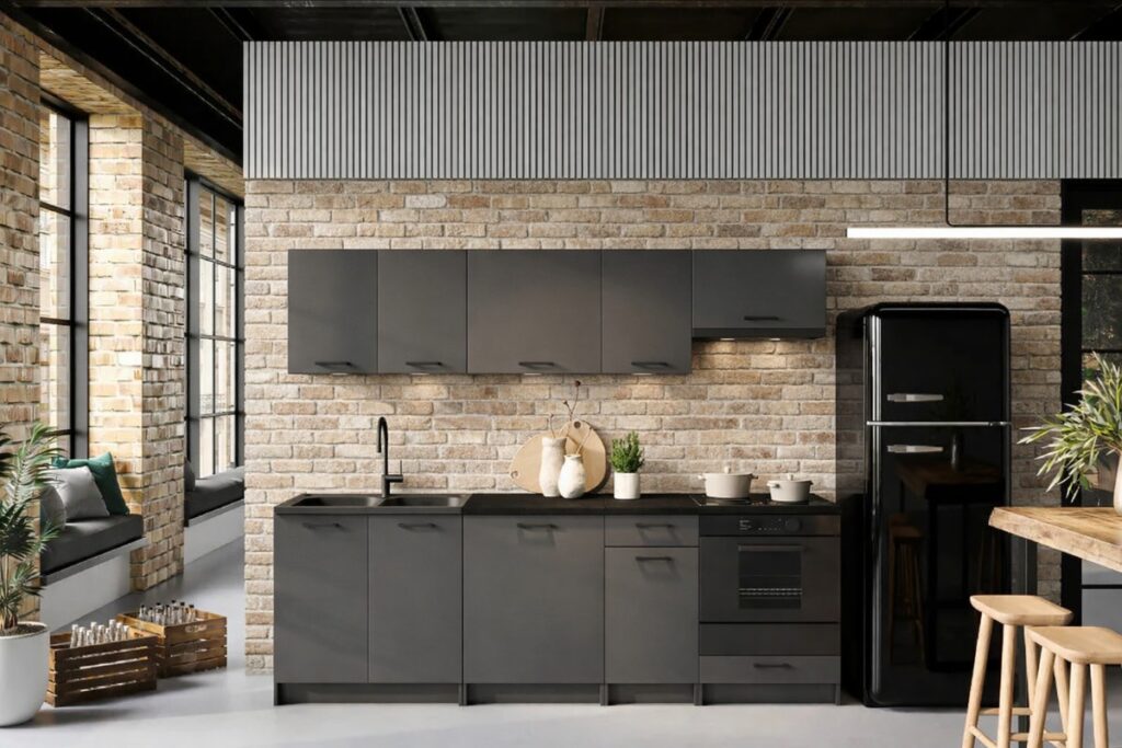 Kitchen Cabinets 8 Unit Fitted Kitchenette with Sink Dark Grey Cupboards Black Worktop Complete 240cm Set - Lina