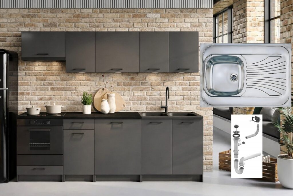 Kitchen Cabinets 8 Unit Fitted Kitchenette with Sink Dark Grey Cupboards Black Worktop Complete 240cm Set - Lina