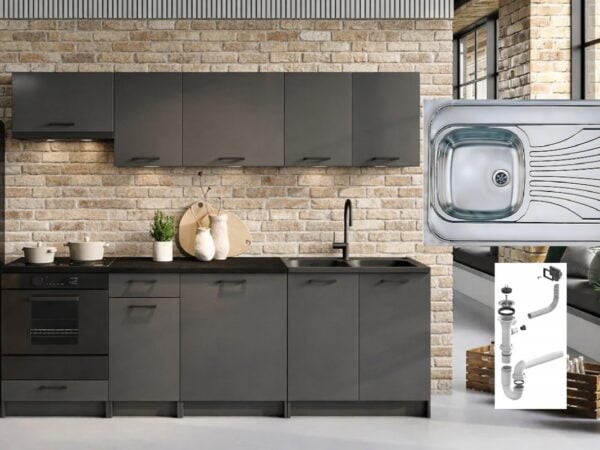 72cm Kitchen Cabinets 8 Unit Complete Kitchenette Black Grey 240cm Set + Sink Lina