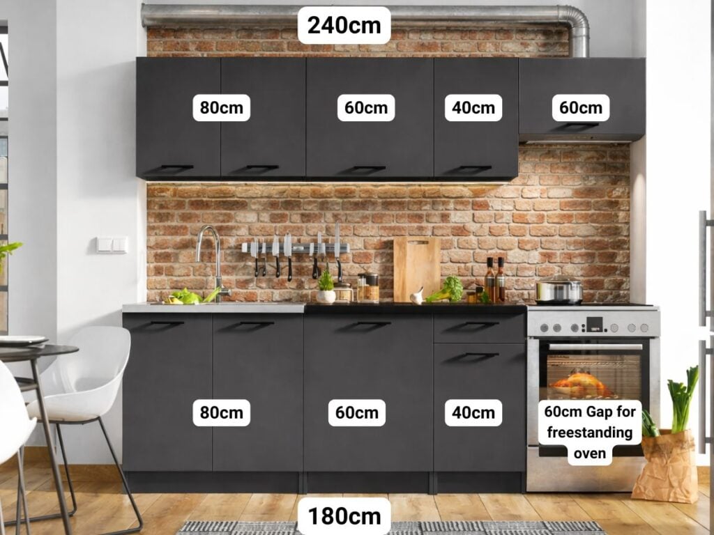 Kitchen Cabinets 7 Unit Kitchenette Black Worktop Dark Grey Cupboards Complete Fitted 240cm Set - Lina